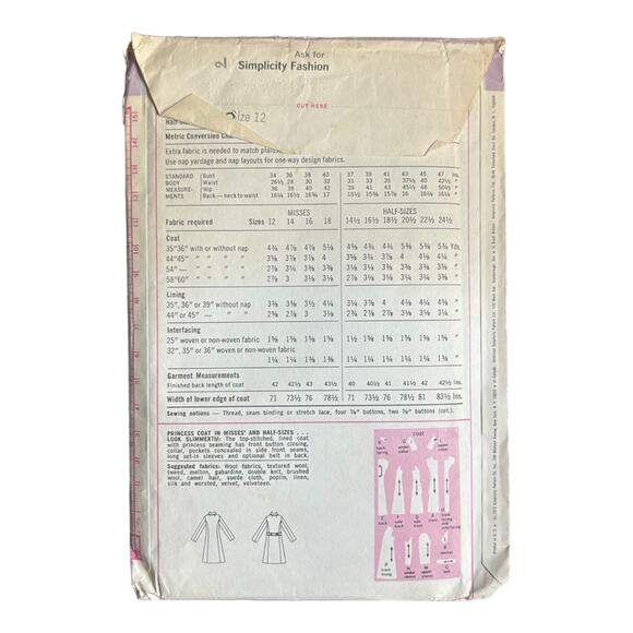 Simplicity 5928 Princess Coat Pattern - Size 12 - Picture 3 of 5